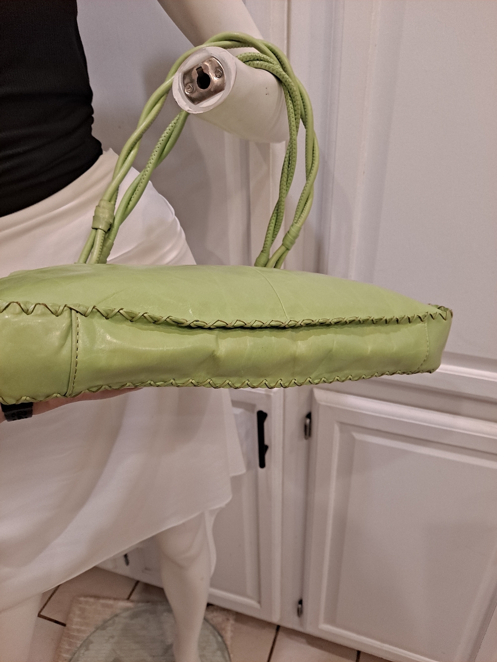 Sigrid Olsen Light Green Leather Braided Handles Stitched Vtg Y2k Vibrant Liner - Picture 6 of 16